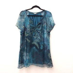 Silk Teal flowy blouse - 1X